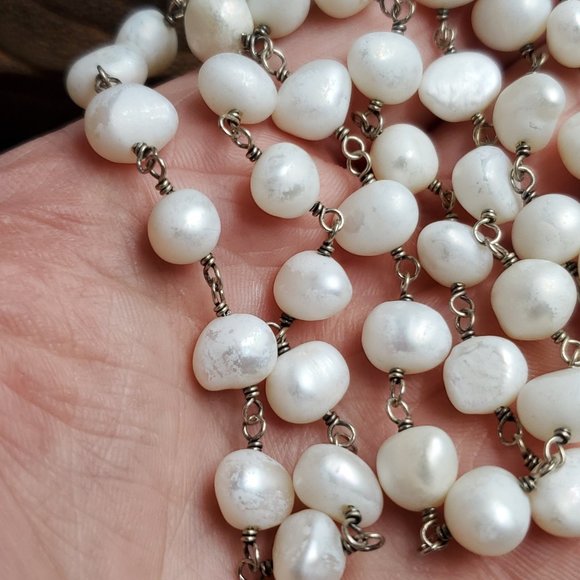 32 Inch Sterling Silver Rustic Genuine Pearls Long Necklace - Picture 3 of 7